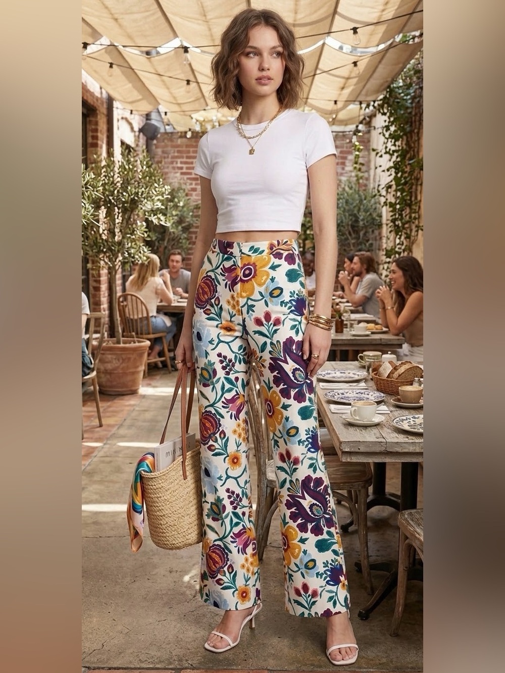 LA DoubleJ Saturday Night Multicolor Floral Flare Pants, size 28